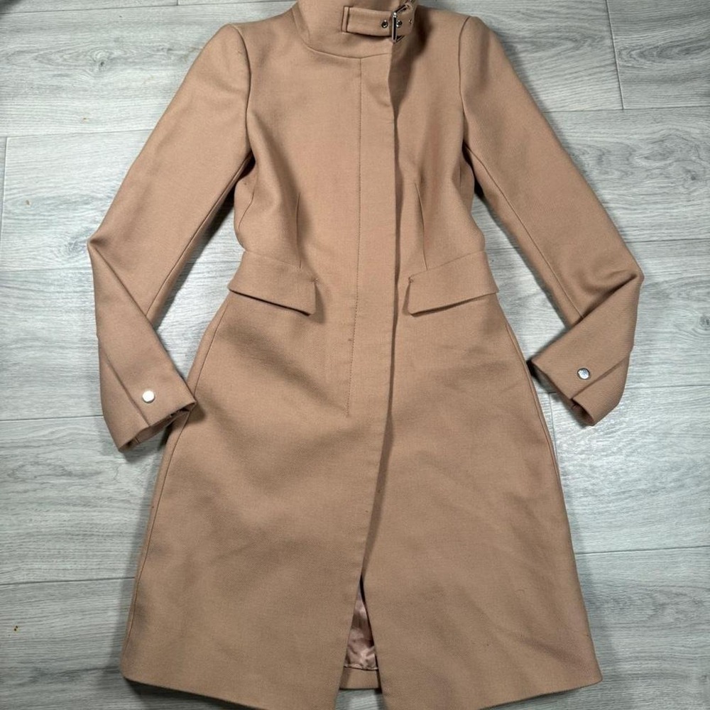 Zara Woman Tan High Neck Buckle Belted Asymmetrical Zip Coat Tan Brown XS